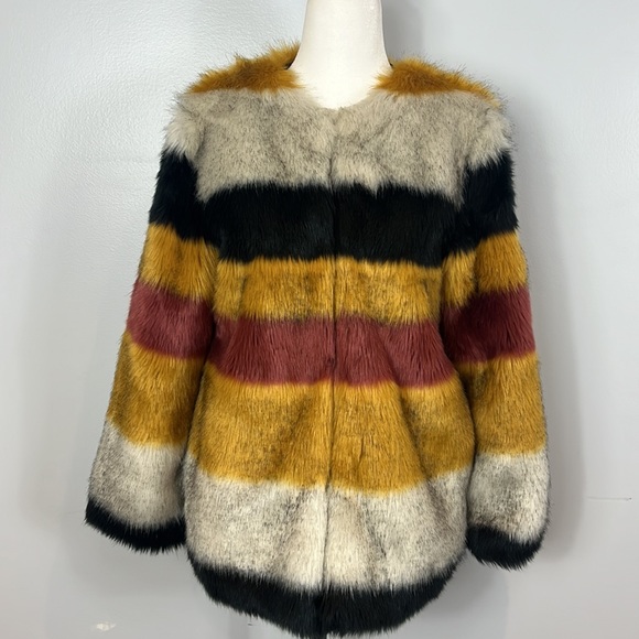 Zara Basic Outerwear Faux Fur Gold, Grey, Black & Wine Striped Jacket - Picture 5 of 17